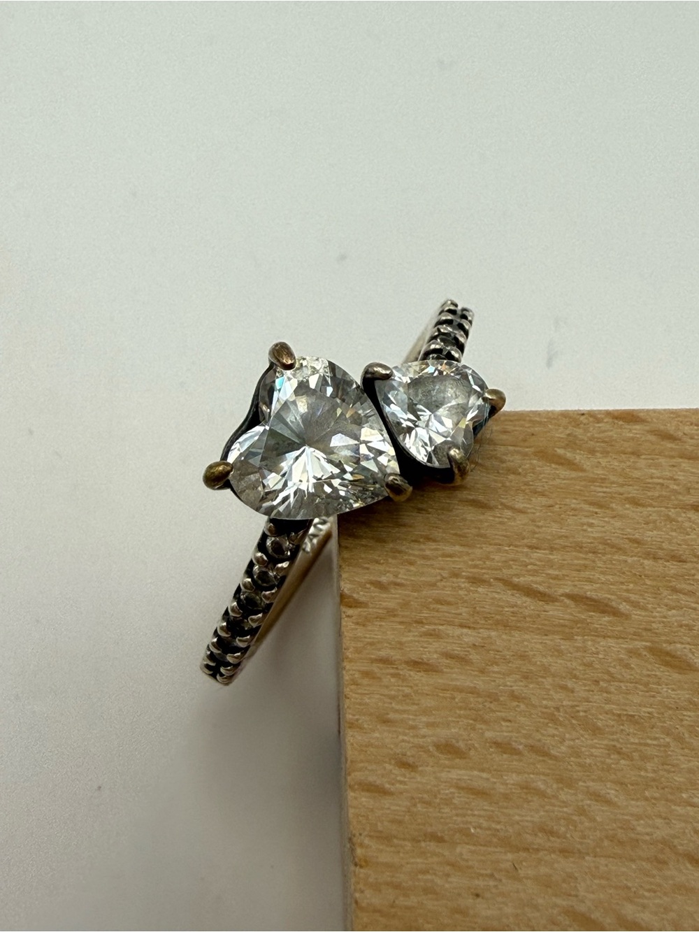 Pandora Silver Ring with Two Clear Heart Stones
